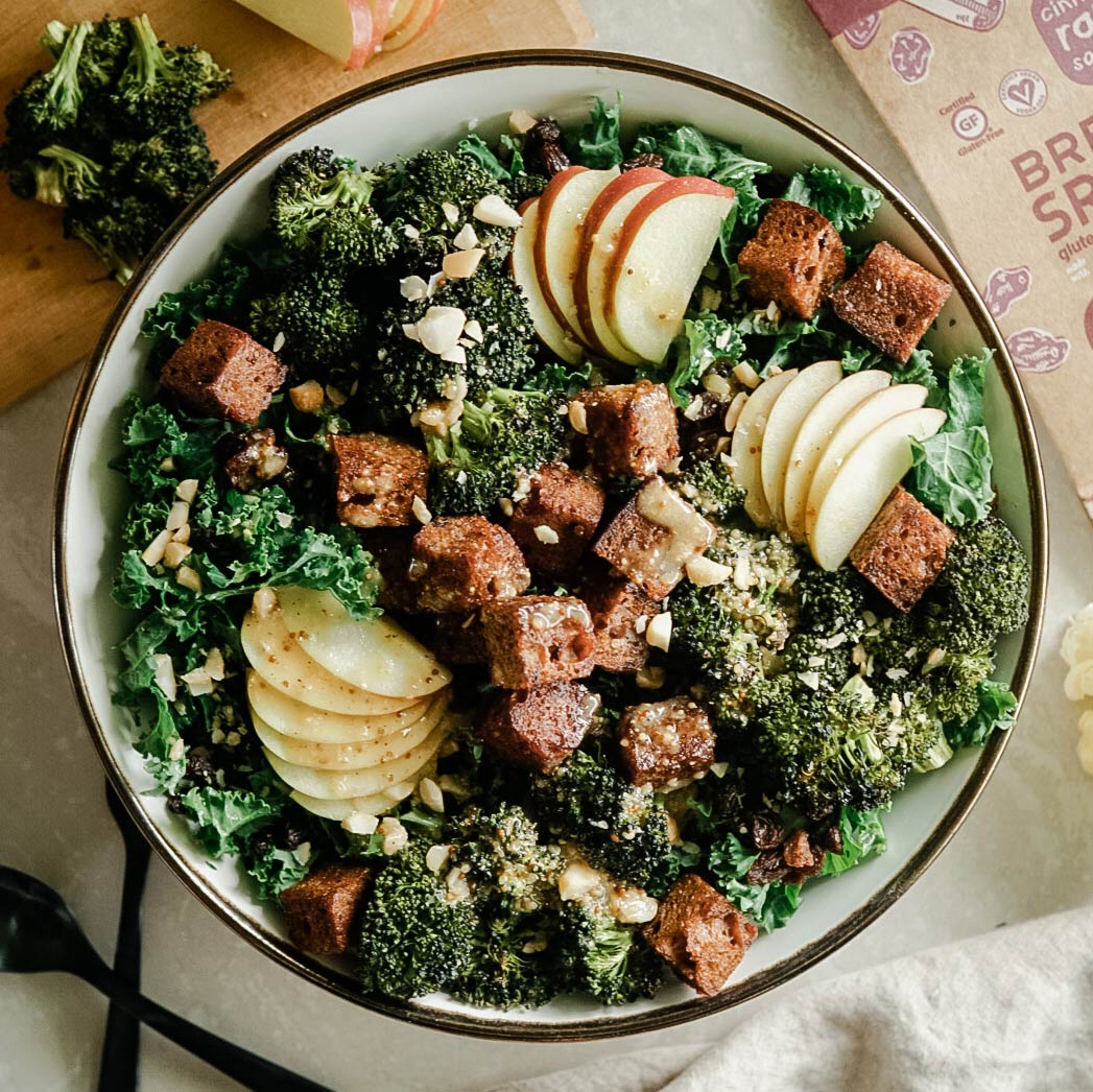 Roasted Broccoli Raisin Apple Kale Salad w/ Cinnamon Raisin Sourdough