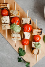 Load image into Gallery viewer, Bread SRSLY Seeded Sourdough cut into cubes and grilled. Grilled bread cubes on skewers with grilled cherry tomatoes and parsley aioli