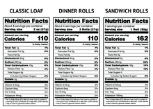 Load image into Gallery viewer, Nutrition Facts Panel:
CLASSIC LOAF
Serving size: 2 oz (57 g)
Calories: 110
Protein: 2 g
Carbs: 23 g
Fat: 1 g
Sugars: 0 g
Fiber: 1 g
DINNER ROLLS
Serving size: 2 Rolls (57 g)
Calories: 110
Protein: 2 g
Carbs: 23 g
Fat: 1 g
Sugars: 0 g
Fiber: 1 g
SANDWICH ROLLS
Serving size: 1 Roll (92 g)
Calories: 162
Protein: 3 g
Carbs: 36 g
Fat: 1 g
Sugars: 0 g
Fiber: 5 g