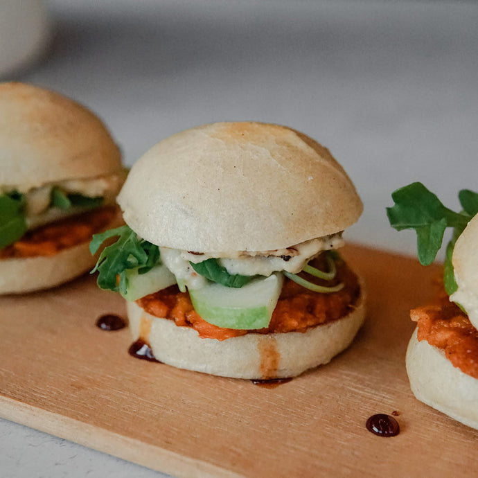 Gluten-Free Sweet Potato Sliders w/ Fig and Caramelized Onion Cashew Cheese