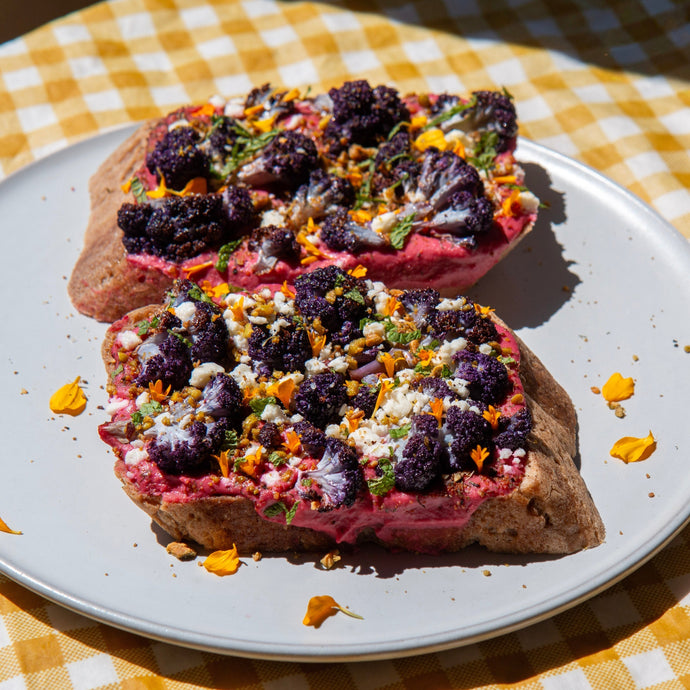 Roasted Cauliflower Toast With Beet Hummus