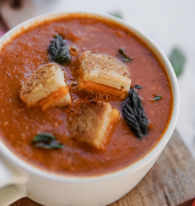 Roasted Tomato Basil & Red Pepper Soup w/ Gluten-Free Mini Grilled Cheese Croutons
