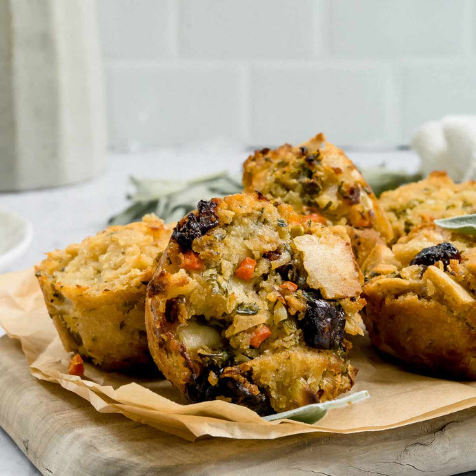 Gluten-Free Stuffing Muffins w/ Dried Cherries, Apple, & Sage