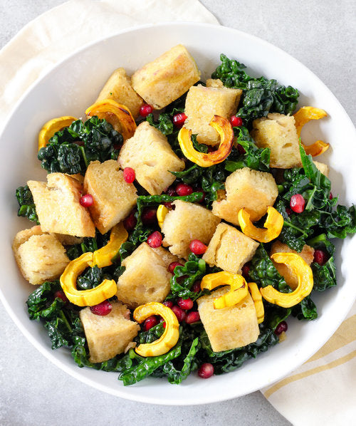 GLUTEN-FREE PANZANELLA SALAD WITH KALE, DELICATA SQUASH, & POMEGRANATE SEEDS