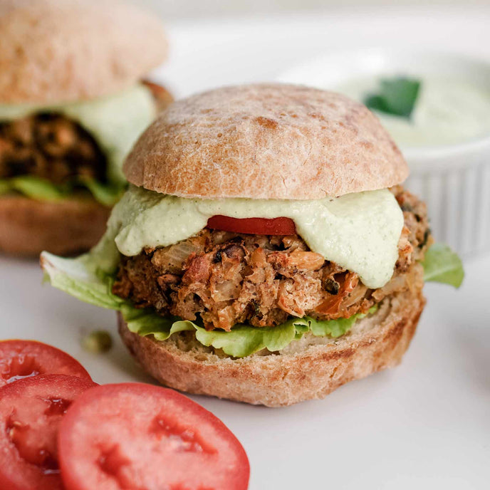 White Bean and Mushroom Veggie Burgers with Cashew Pesto Aioli