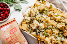 Load image into Gallery viewer, Thanksgiving stuffing made with thickly sliced cubes of gluten-free sourdough from Bread SRSLY