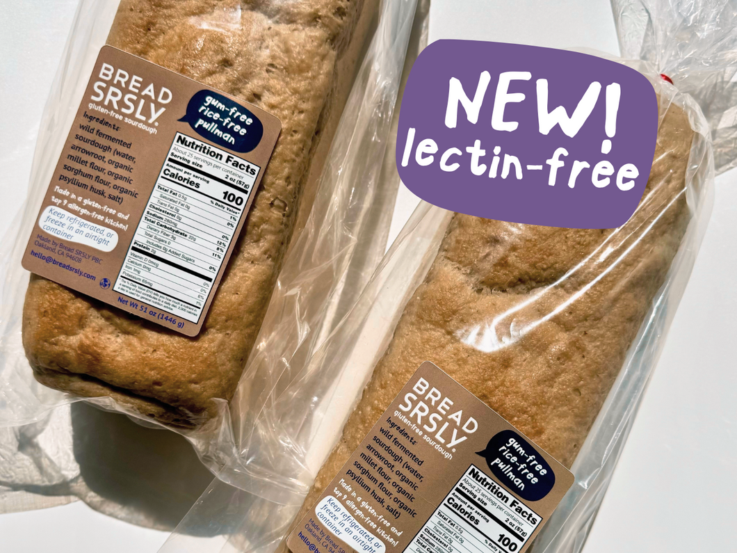 Bread SRSLY gluten-free sandwich bread value pack. Extra large gum-free, rice-free sourdough loaves. Two pack is pictured front facing on a white background.