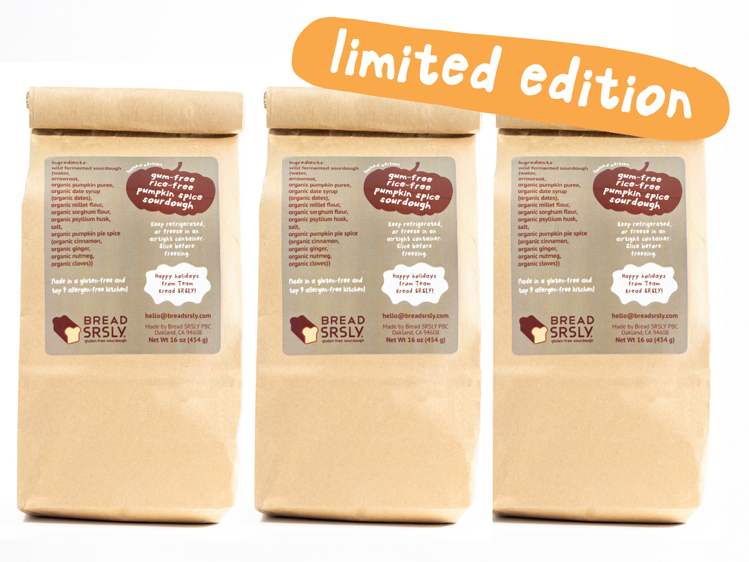 Three bags of 'Bread Srsly' Pumpkin Spice loaves with a 'limited edition' label on a white background

