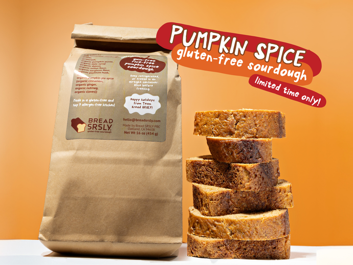 Bag of Pumpkin Spice gluten-free sourdough bread with slices stacked on an orange background