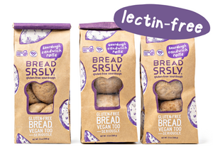 Bread SRSLY gluten-free sourdough sandwich rolls. Lectin-free, gluten-free bread compatible with the Plant Paradox program. Package of 12 rolls front facing on a white background.