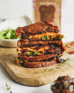 Bread SRSLY gluten-free Cinnamon Raisin Sourdough grilled cheese with melted cheddar, arugula and fig jam