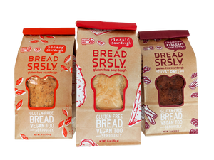 A 3 pack of Bread SRSLY gluten-free sourdough loaves- Seeded, Classic and Cinnamon Raisin
