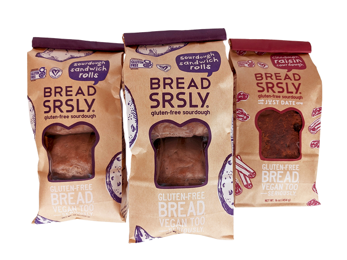Two Bread SRSLY gluten-free sourdough Sandwich roll packs and one Bread SRSLY gluten-free sourdough Cinnamon Raisin loaf
