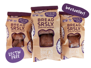 A three pack of Bread SRSLY gluten-free sourdough Sandwich rolls with "lectin-free" and "bestseller" stickers attached